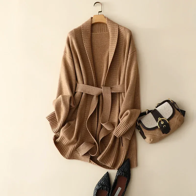 aliaga winter new styles cashmere wool thick cardigan coat with belt women's knitted oversized casual warm outerwear