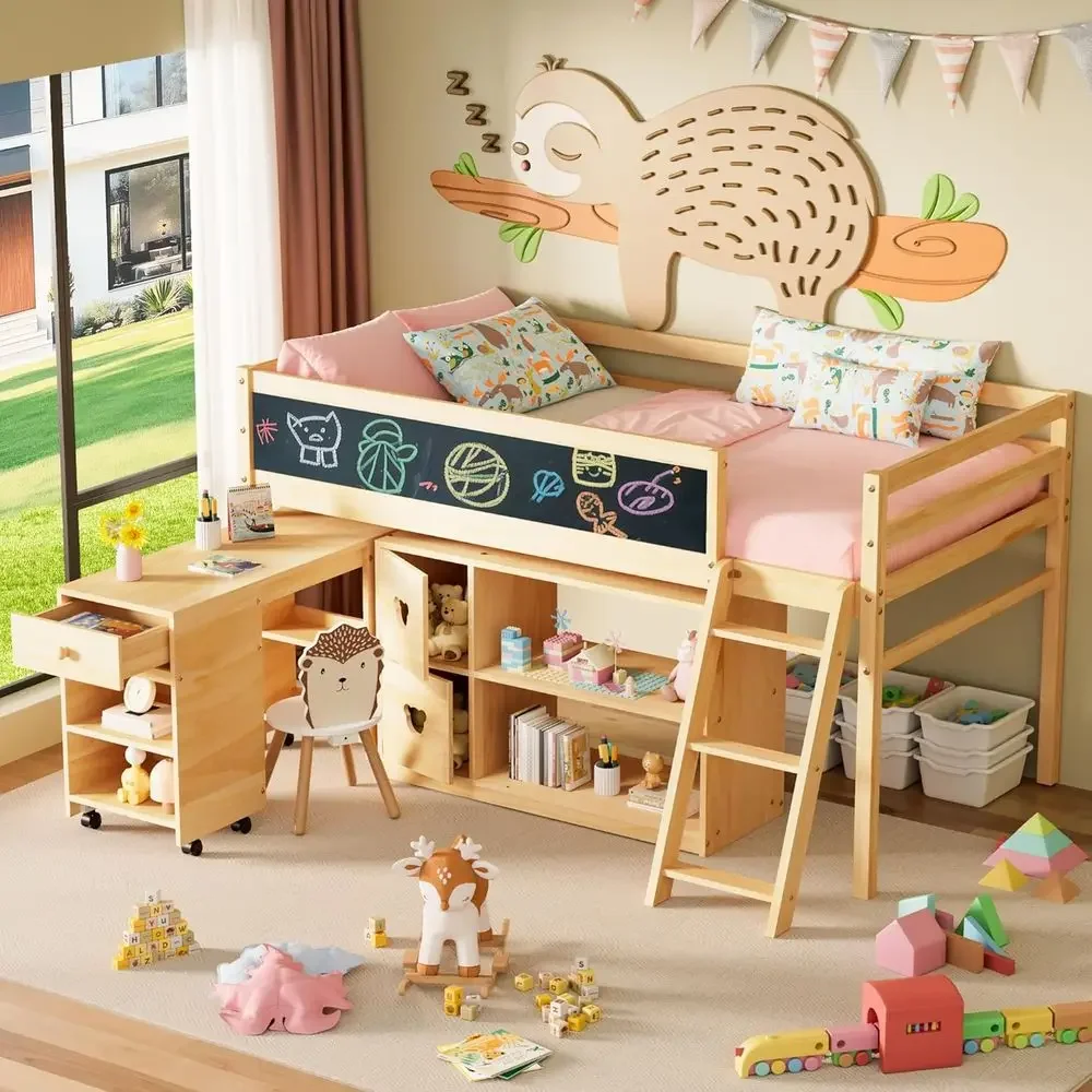 

TOLEAD Low Lot Bed with Desk & Storage, Solid Wood Twin Size Lot Bed with Moveable Desk, Chalkboard & Cabinet, Multi-unctional K