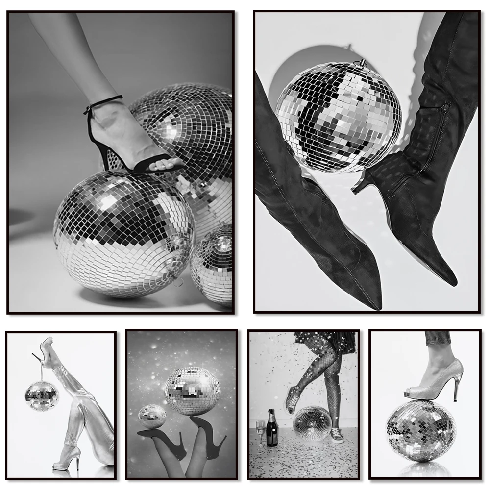 Discokugel-Druck, Dekoration für Mädchen, High Heels, Mädchenzimmer-Dekoration, Disco, Retro-Wandkunst, Spiegelkugel, bedruckbar