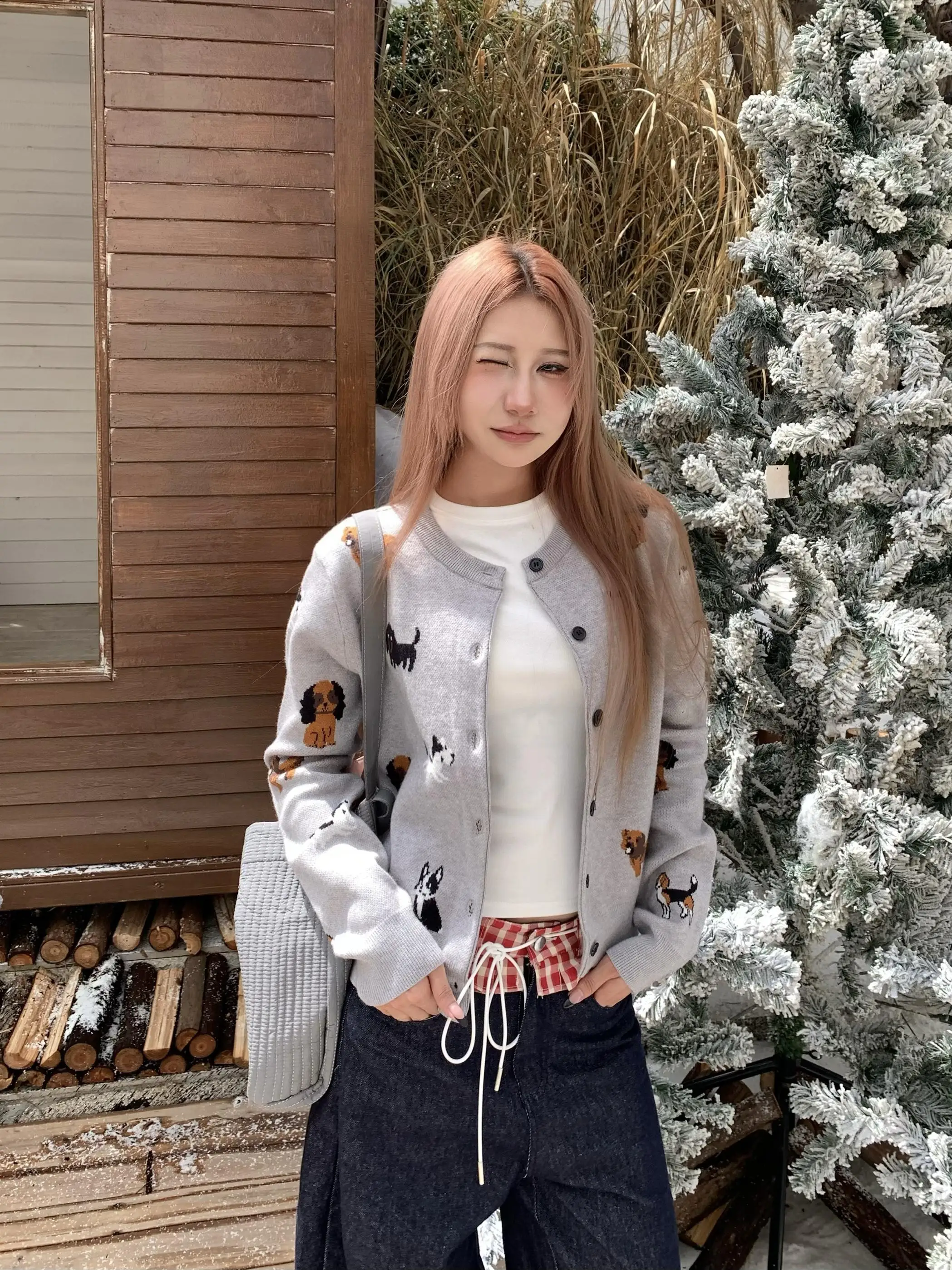 

ZHL Studio американский ретро открытый кардиган с вышивкой собаки, свитер, женский повседневный свободный вязаный свитер irt College Sle Long Sve