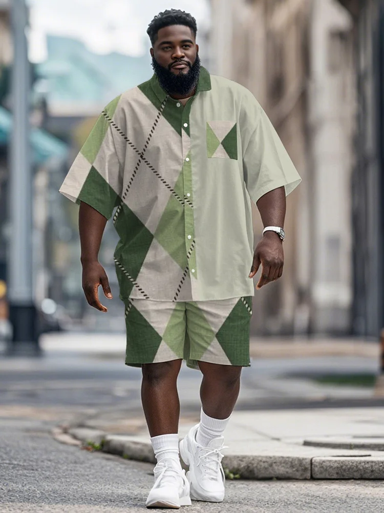 

Biggmans Plus Size Street Fashion Green Patchwork Print Shirt Shorts Suit Summer Loose Shorts Two Piece Set Male Casual Outfits