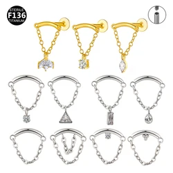 1Pc ASTM F136 Titanium Tassel Pendant CZ Stud Earring with Dangle Chain Helix Cartilage Tragus Lip Flat Back Piercing M0.9