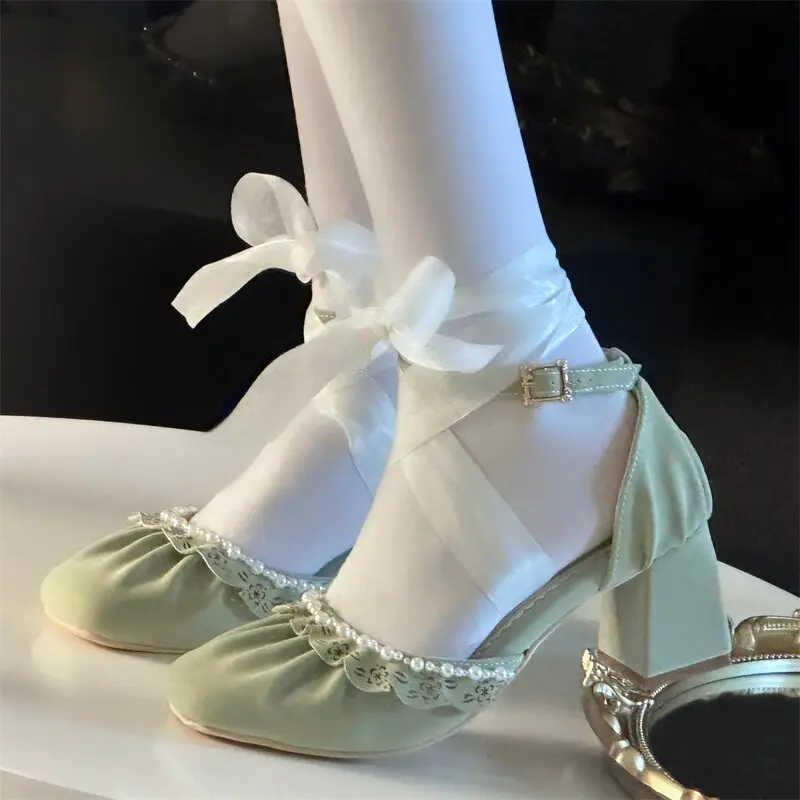 

Elegant Summer Original Lolita Ruffle Edge Pearl Edge Women's Shoes Thick Heel Sandals Versatile Daily Japanese Lo Shoes Women