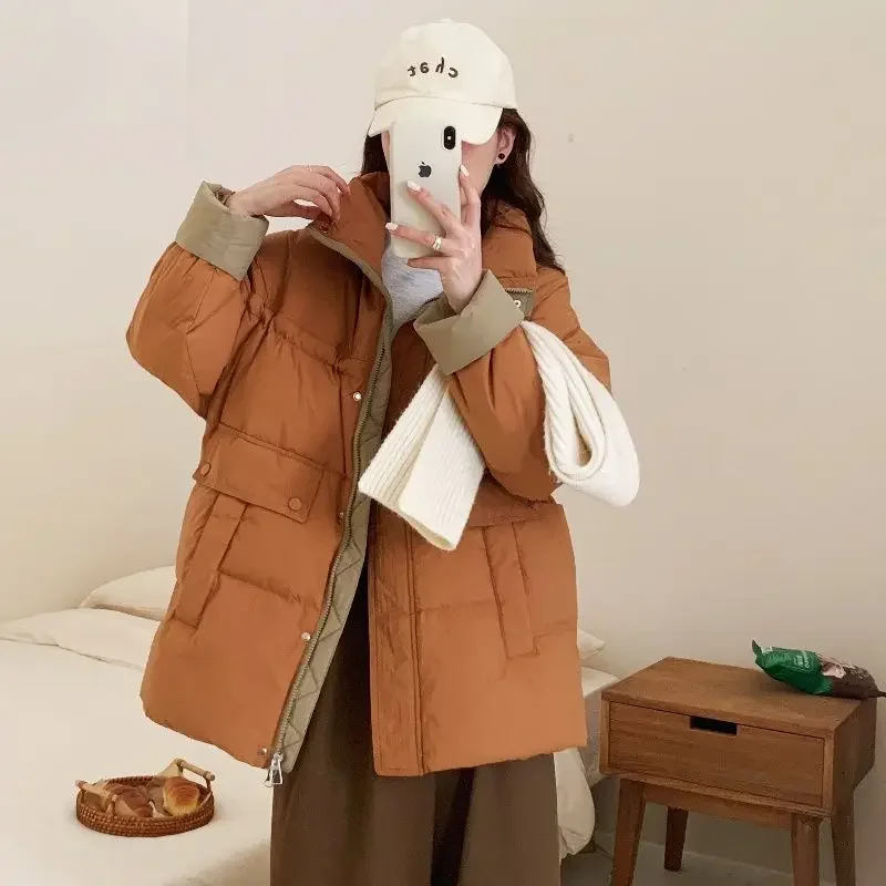 Medium and Long Down Jacket Women's 2025 New Contrasting Color Stand-up Collar Thickened and Loose Winter