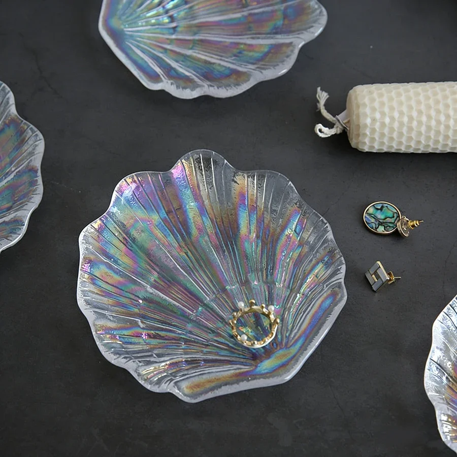 虹色のシェルガラスジュエリートレイ、イヤリング、ネックレス用の装飾皿、小さな化粧品アクセサリーオーガナイザー、写真小道具