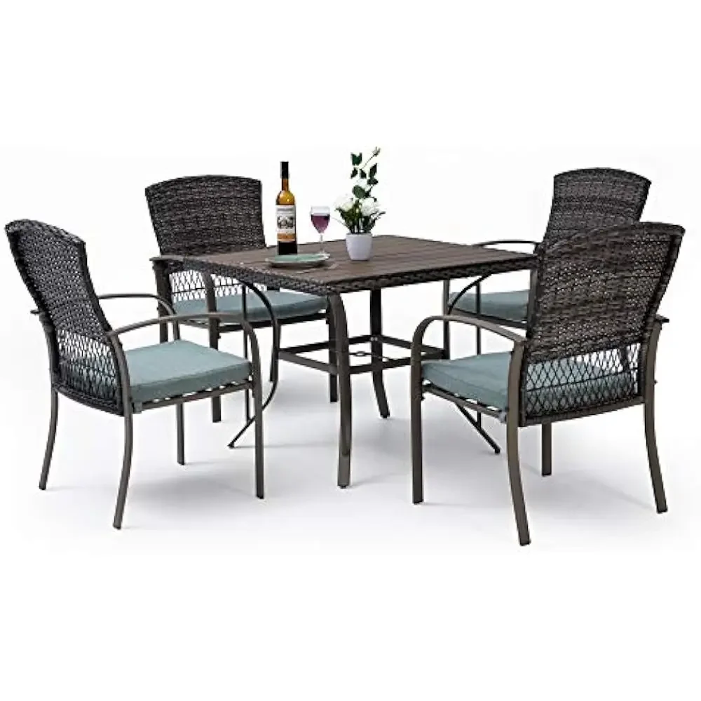 

5 Piece Patio Dining Set, Green, Weather Resistant PE Rattan Table and Chairs, Comfortable Cushions, Easy Maintenance