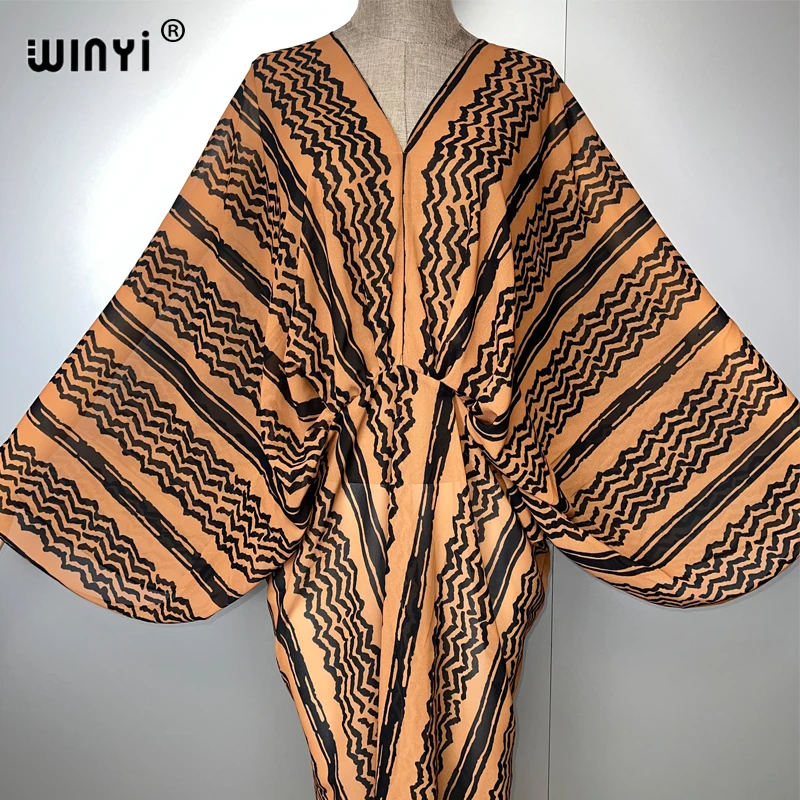 WINYI neues V-Ausschnitt Perspektive sexy Kleid Arabisch traditioneller Druck Frauen Urlaub Strand vertuschen Party Kaftan Abaya Dubai Luxus