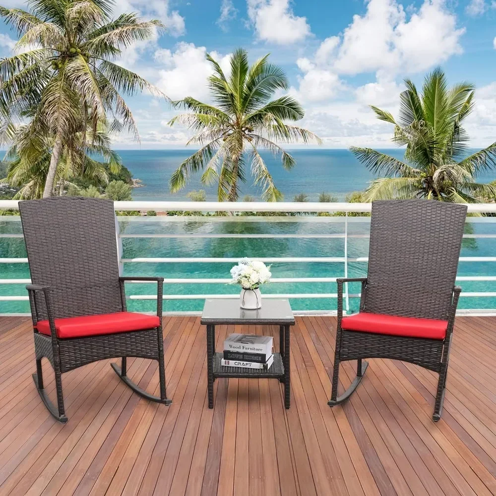 Outdoor 3-Piece Wicker Rocking Chair Set Patio Bistro Set Conversation Furniture 2 Rocker Chair and Glass Coffee Side Table