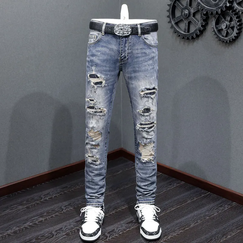 

High street fashion new men's jeans painted elastic slim fit retro blue jeans designer hip-hop brand ripped patch pants hombre