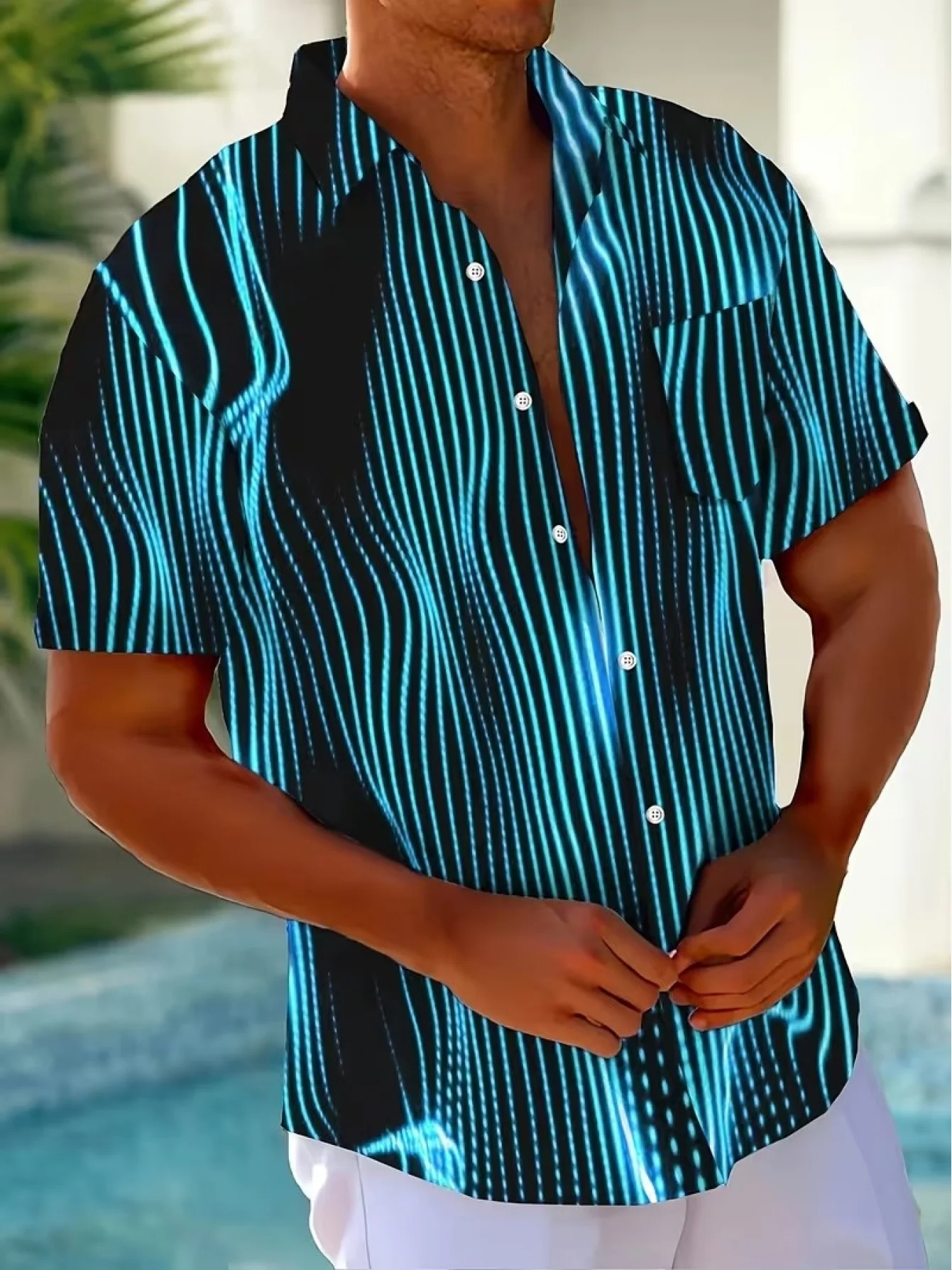 Tech‑Style Glowing Line Stripe Pattern Men Lapel Shirt Button Front Short Sleeve Holiday Blouse