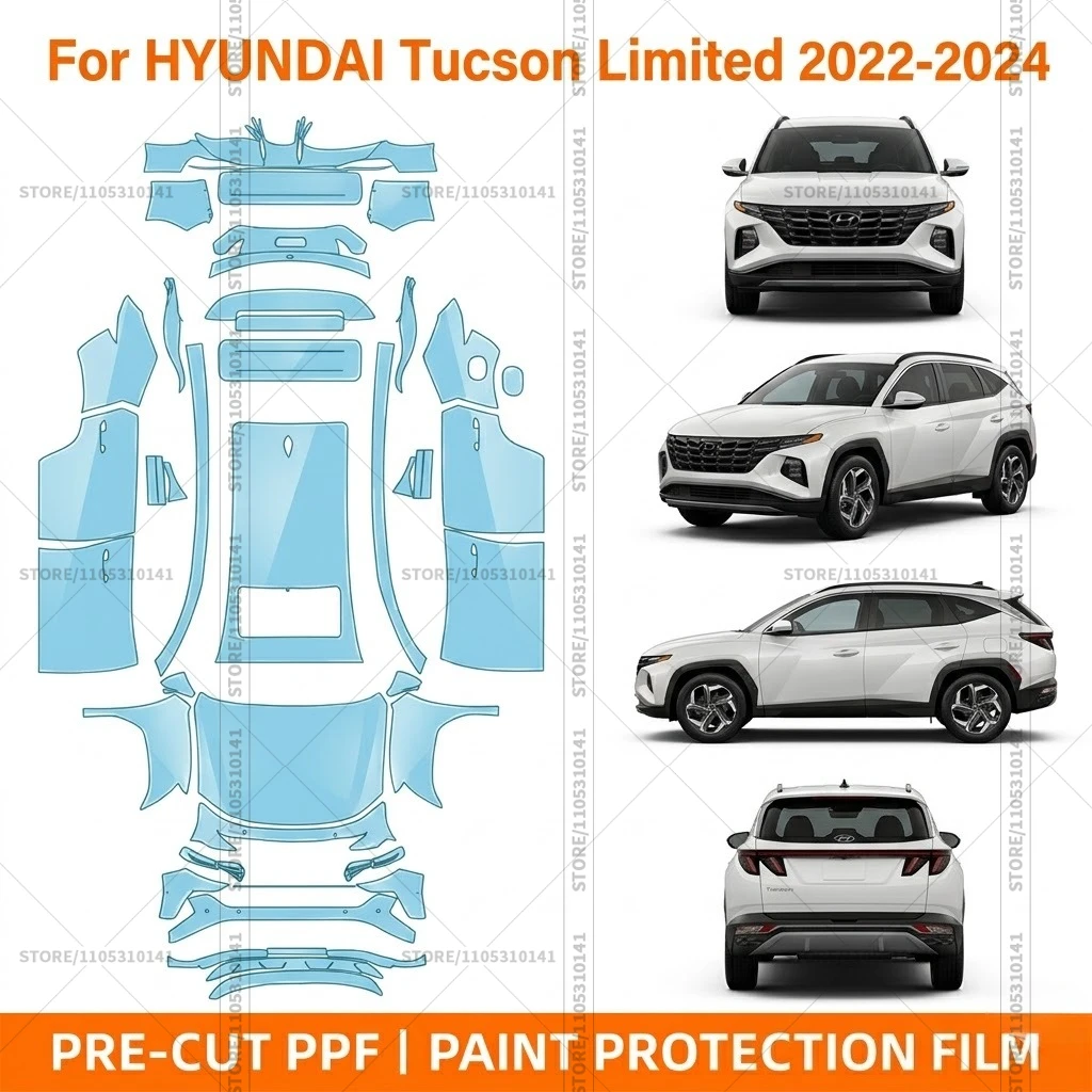 

Предварительно нарезанная защитная пленка PPF, прозрачная защита бампера, автомобильная прозрачная пленка для Hyundai Tucson Limited 2022-2024