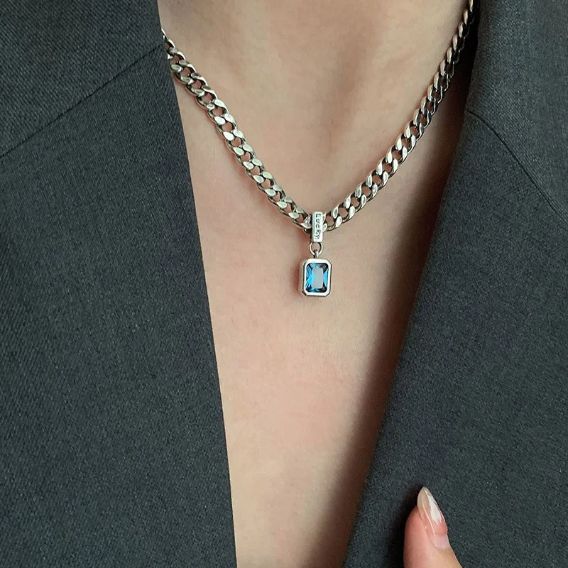 925 Sterling Silver Vintage Cuba Neck Chain Square Zircon Pendants Female Necklaces Women Jewelry Charms Accessories Argent 925