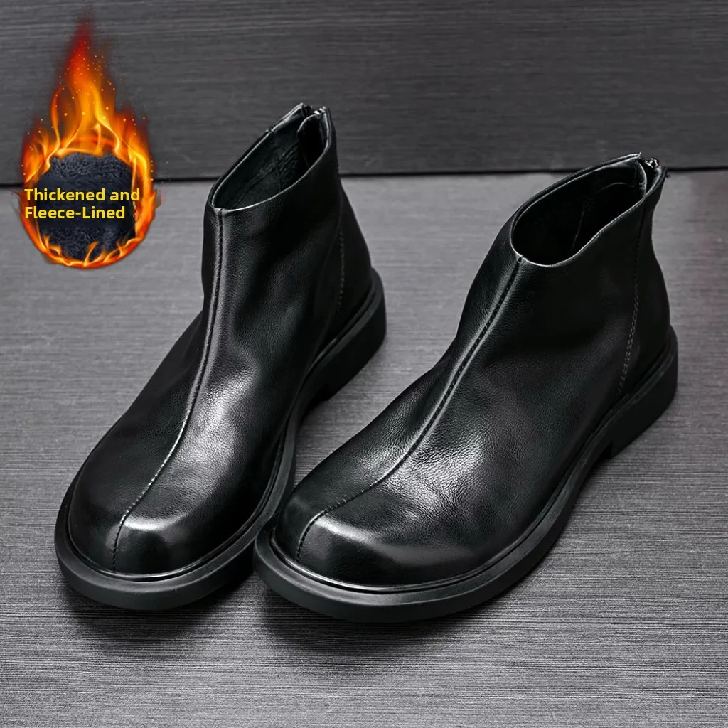 

Genuine Leather Boots Men's Mid-Calf Zipper Soft Bot Casual Chelsea Boots Bla Trendy round Toe Winter Warm Boots