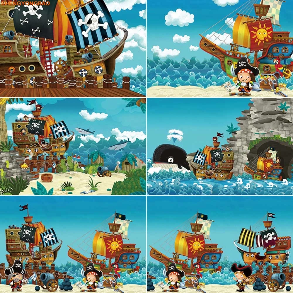 

Pirate Ship Boy Birthday Photozone Backdrop Wood Boat Deck Wheel Background Personalized Party Photography Shooting Prop