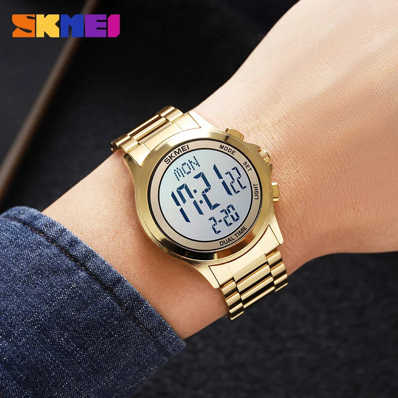 SKMEI Stainless Steel Digital Watch Fashion Men\'s Wristwatch Countdown Stopwatch 2Time Waterproof Free Shipping