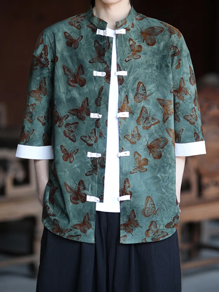 

Ретро-рубашка с эффектом тай-дай, мужская летняя новинка в китайском стиле, на пуговицах, в стиле танского костюма, ханьфу, сказочная модная одежда