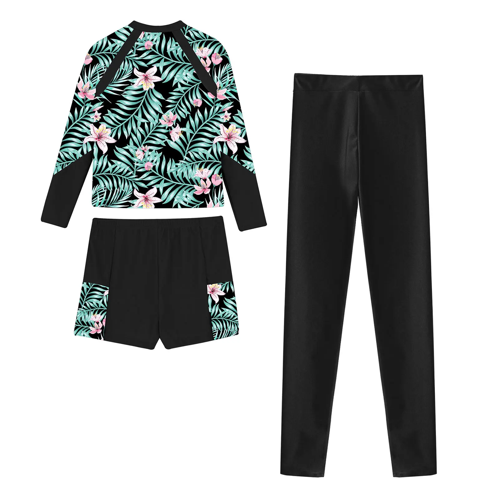 Kids Girls Print Swimsuit Swim Top with Swim Pants And Ruffle Swim Shorts Set Beach Surfing Bathing Suit Rash Guard Set