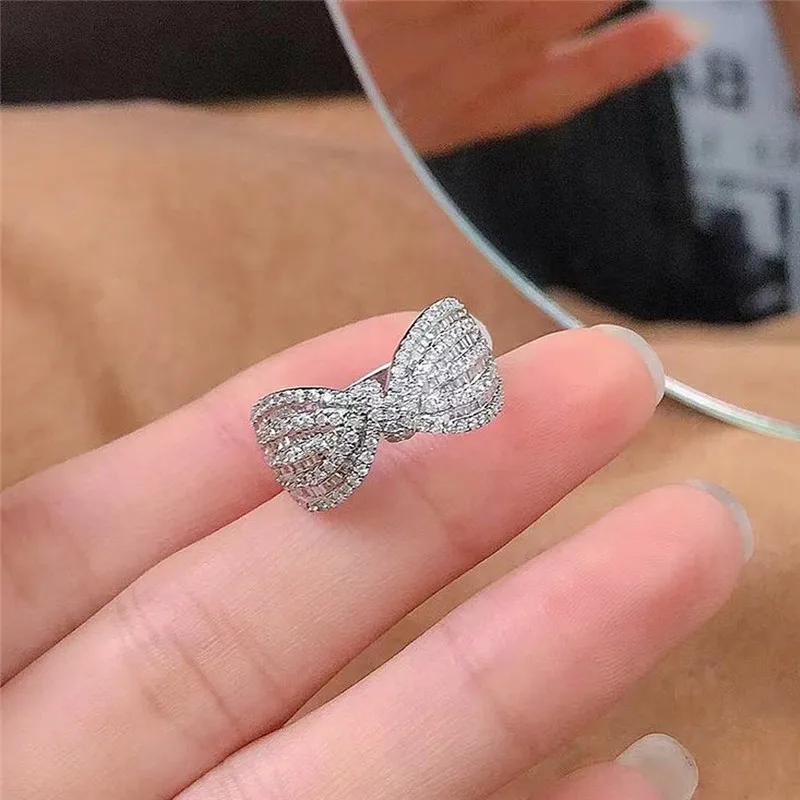 925 Sterling Silver Fancy Bow Ring with Dazzling CZ Women Finger Ring Newly Designed Wedding Bands Statement Accessories Jewelry