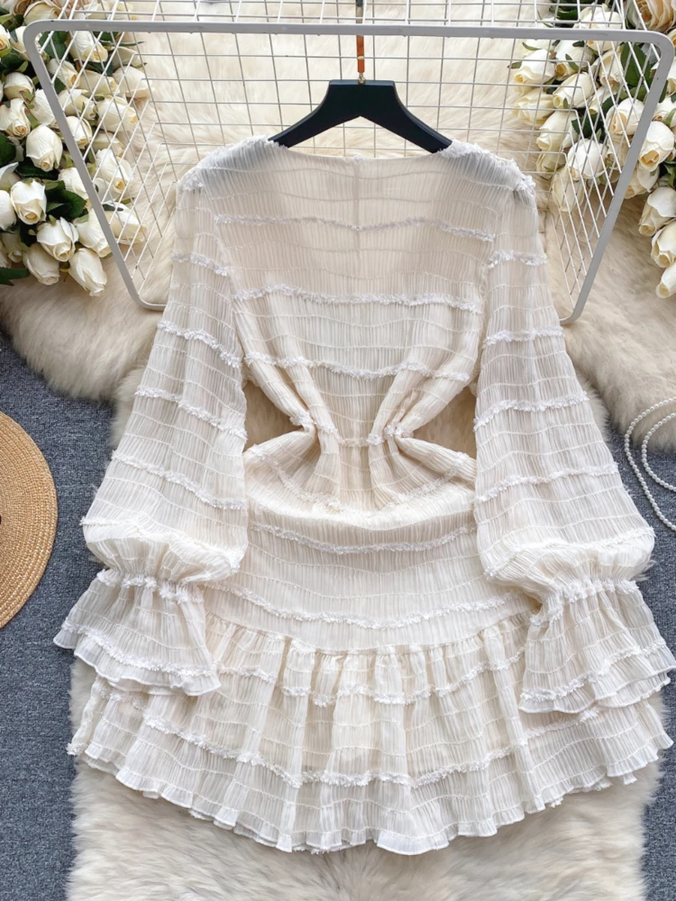 Diamond V Neck Dress Women Clothing Slim Waist  A-line Flare Sleeve Robe Femme 2024 Vestidos De Mujer Vintage Ruffles Dresses