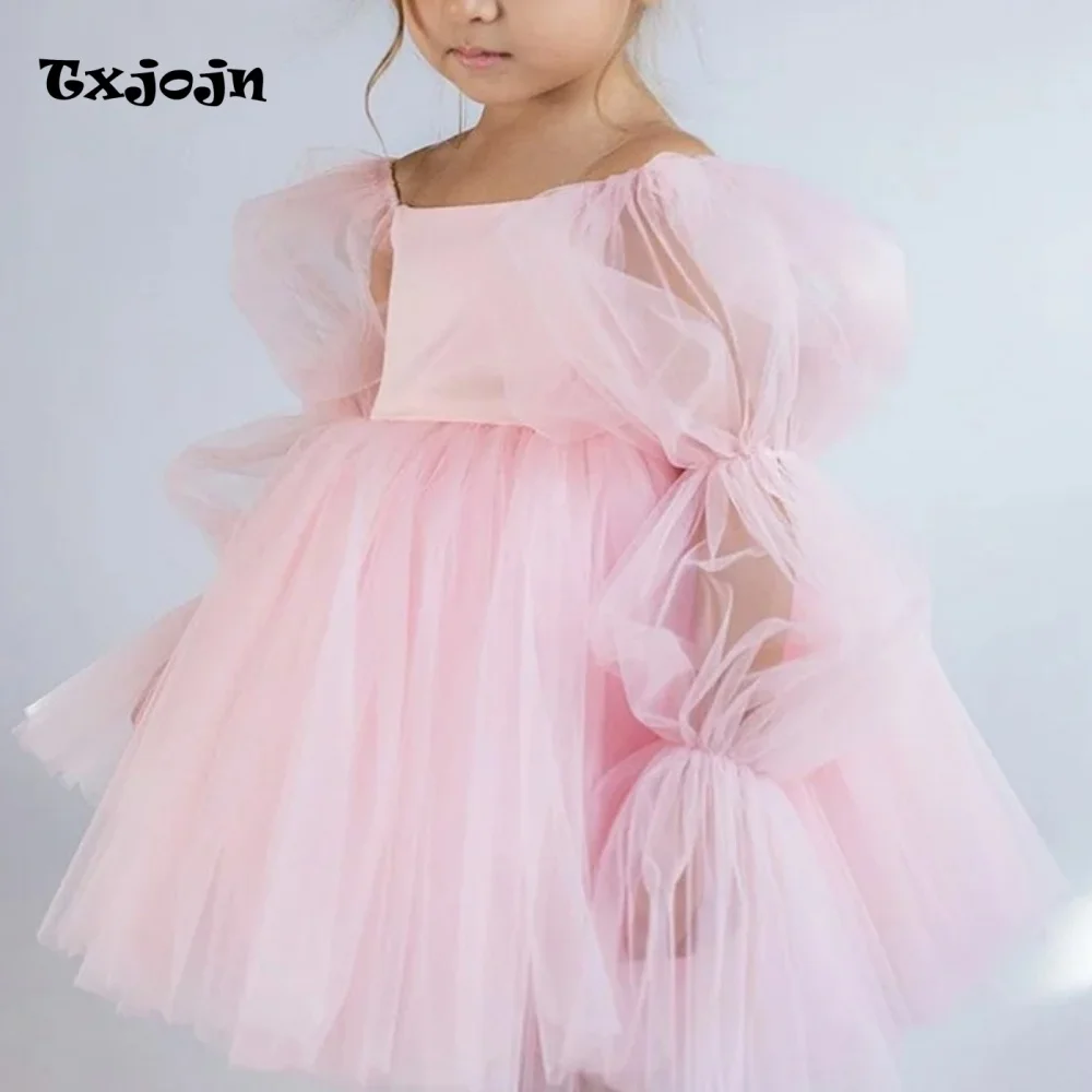 Puff Sleeve Baby Girl Mesh Ball Gown Flower Girl Princess Dress Toddler Teens Child Vestido Wedding Party Birthday Clothes 1-14Y