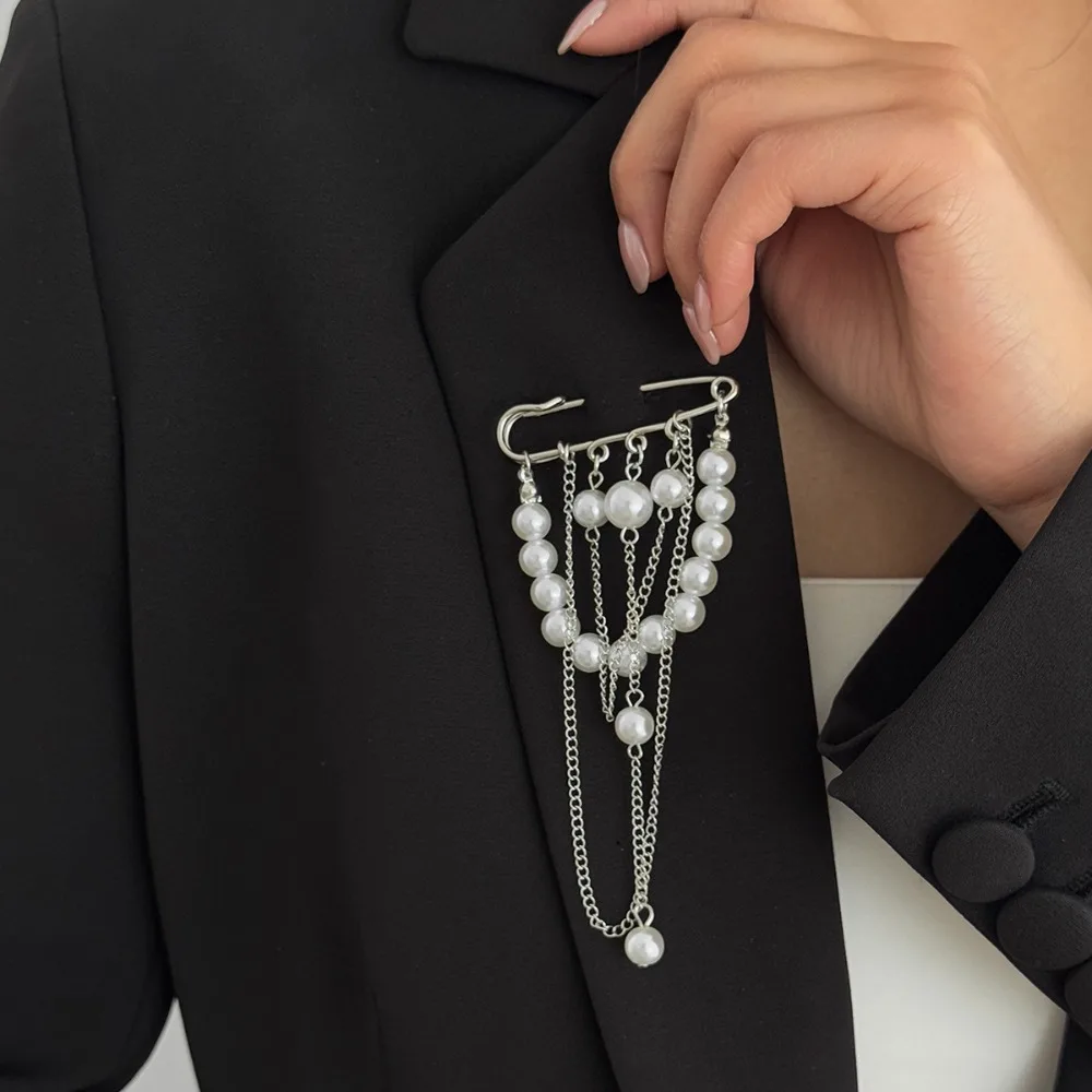 New Alloy Tassel Chain Brooch Exaggerated Jewelry Accessories Clothing Tie Pin Silver Color Multilayer Pants Chain Men