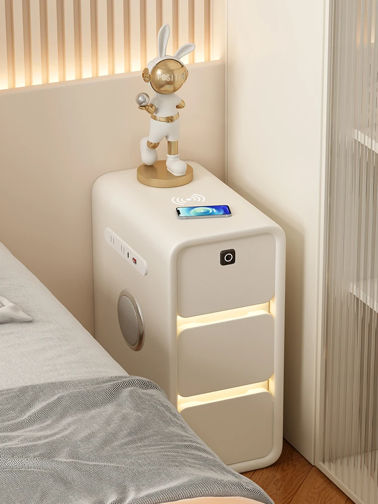 Smart bedside table simple modern 2023 new wireless charging bedroom cream wind solid wood ultra-narrow sandwich cabinet