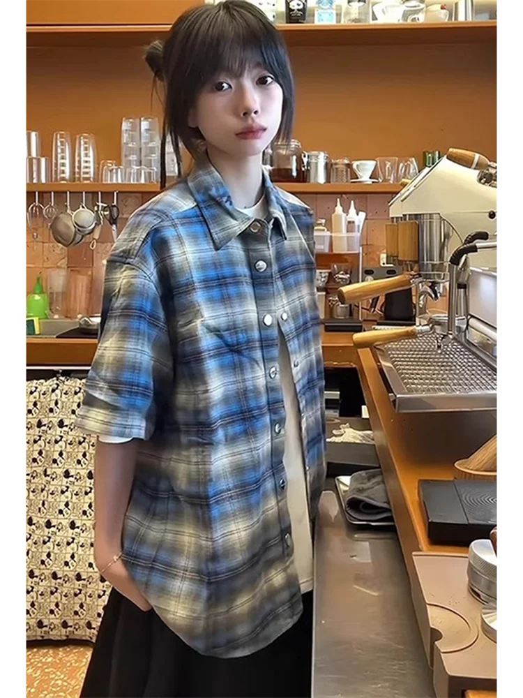 

Summer Men's Plaid Flannel irt ort Sve Casual Blue Cheered Button up Loose Fit American Sle Youth ular