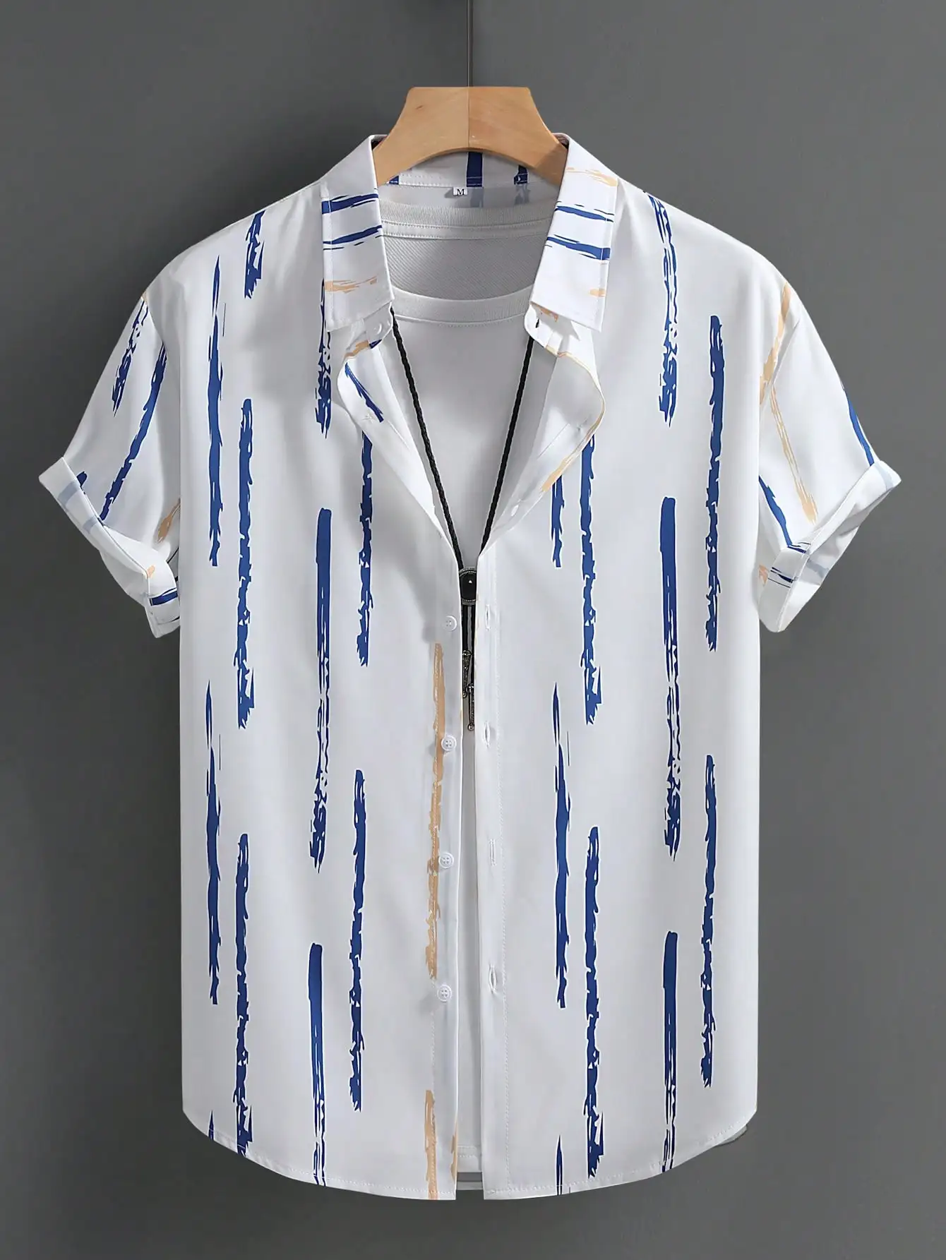 

Men's Casual Short Sleeve Shirt with Abstract Blue & Beige Brushstroke Print