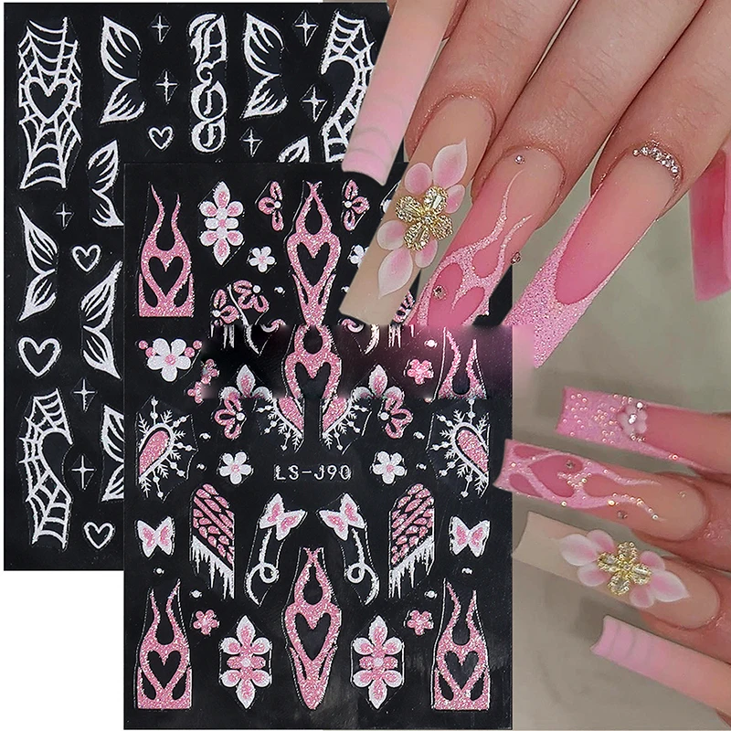 5 Vellen Glitter Nagelstickers Roze Wit Reflecterende Franse Tips Vlamvlinder Nagel Emblemen Ontwerp Bloemen Manicure Sliders