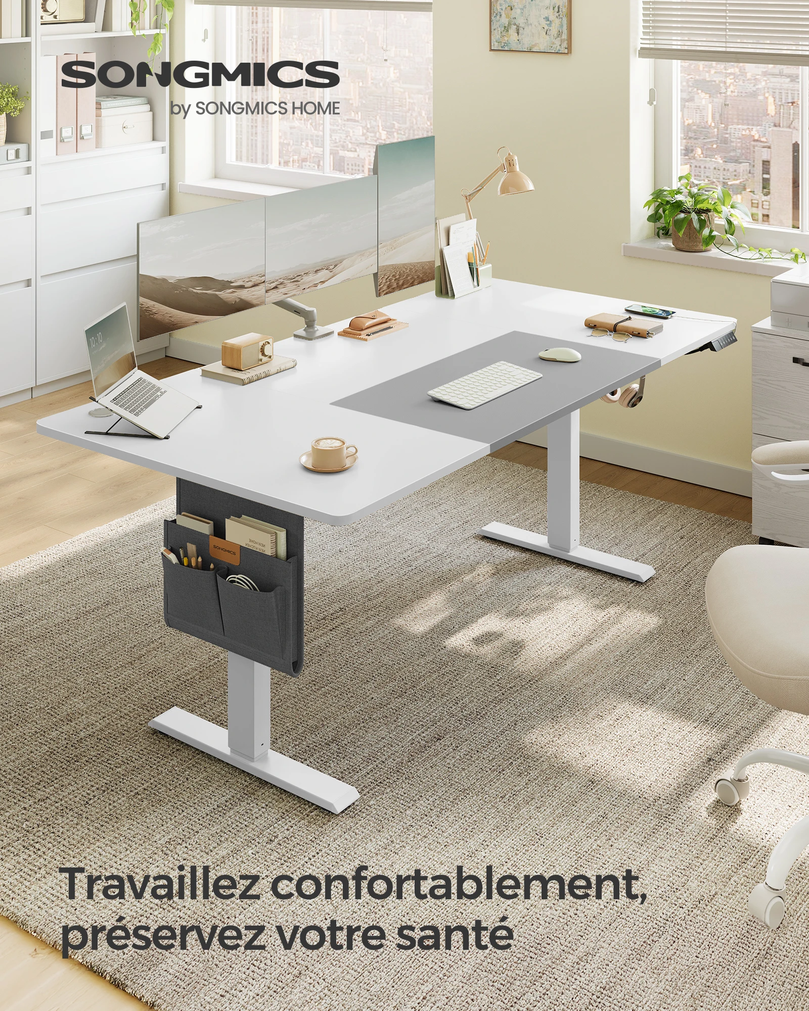 SONGMICS Bureau Électrique Réglable en Hauteur, 180 x 80 cm, Table Assis-Debout, Fonction Mémoire 4 Hauteurs, Port USB-C, pour Bureau, Télétravail
