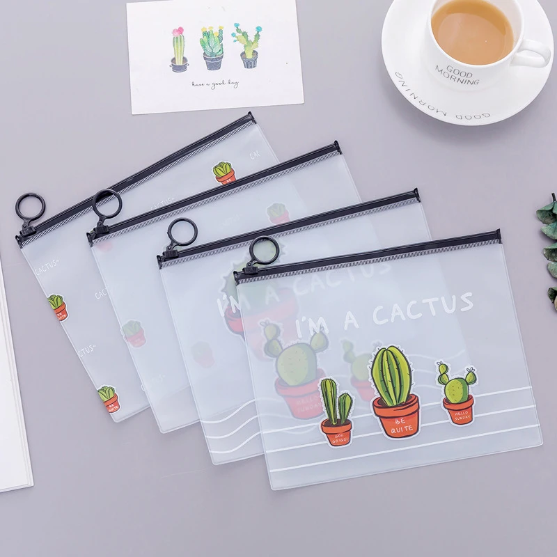 Cactus Zipper Transparent PVC File Folder Document Filing Bag Traveler\'s Diary Accessory Tickets Cards Storage Bag