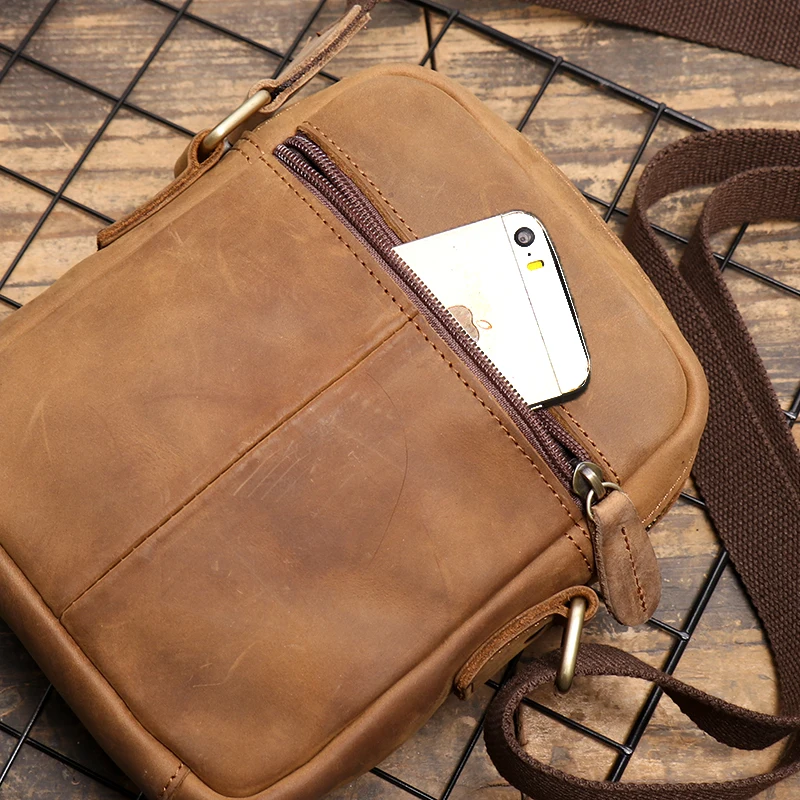 Leathfocus Men's Leather Shoulder Bag Vintage Simple Vertical Phone Bag Cowhide Sling Bag Satchel Bag 7.9-inch iPad Bag