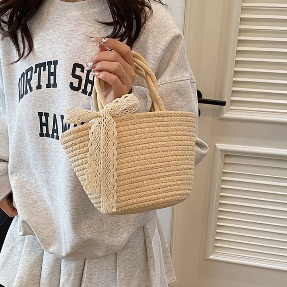 

Casual Pastoral Style Woven Straw Tote Bag Khaki Bucket Bag Beach Straw Bag Small with Ribbon Woven Handbag Travel