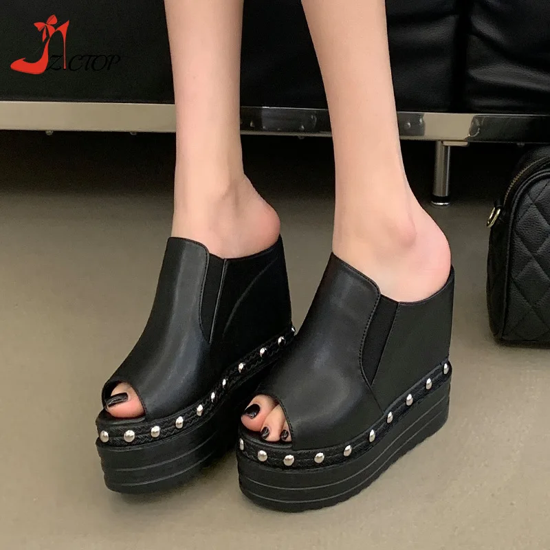 12cm Super High Heel Wedges Slippers Women Platform Sandals Rivet Sexy Chunky Heeled Height Increasing Shoes Summer