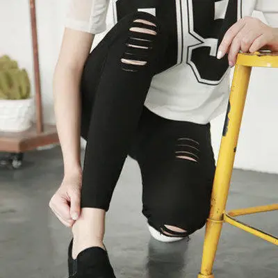 Spring Trendy Thin Women's Leggings Student Casual Black Hole Punching Bottoming Pants Nine Points Poor Man's Jeans
