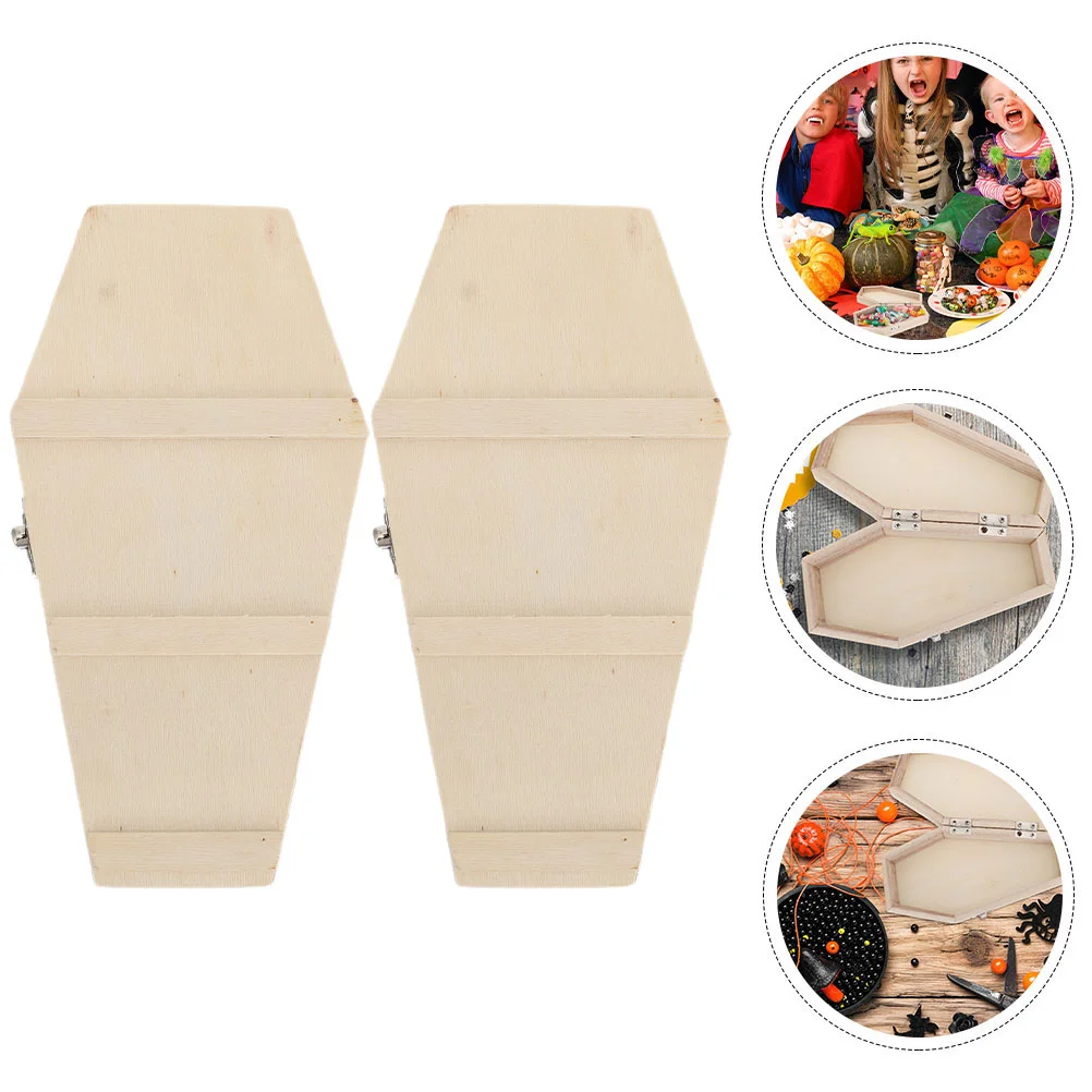 

2 Pcs Halloween Coffin Box Candy Favor Boxes Gifts Party Prop Goodie Natural Wood Holder