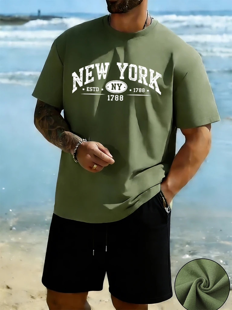 

New York Estd 1788 Printed Man'S Cotton Daily T-Shirt Sets O-Neck Breathable All-Match Short Sleeve Jogging Summer Short Pants