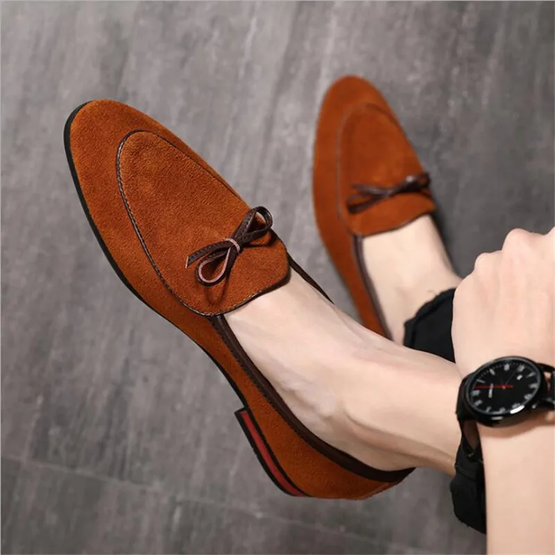 Men\'s Casual Shoes with Bowknot Genuine Suede Leather Trendy Party Wedding Loafers Flats Mens Driving Moccasins EUR Sizes 38-48