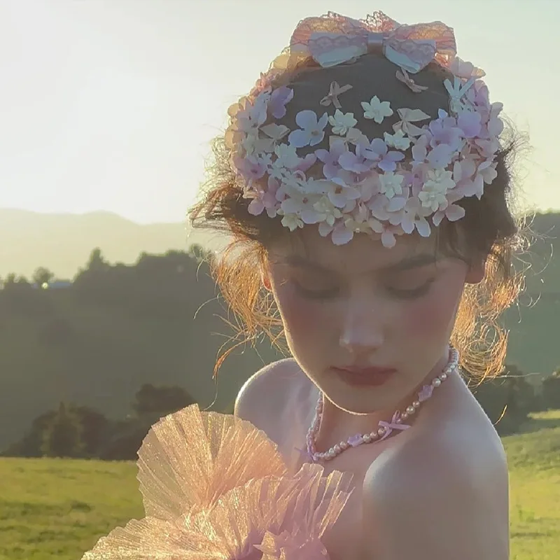 خمر زهرة الزفاف خوذة الوردي القوس زهرة حلقة أعلى قبعة مزاجه أنيقة خوذة