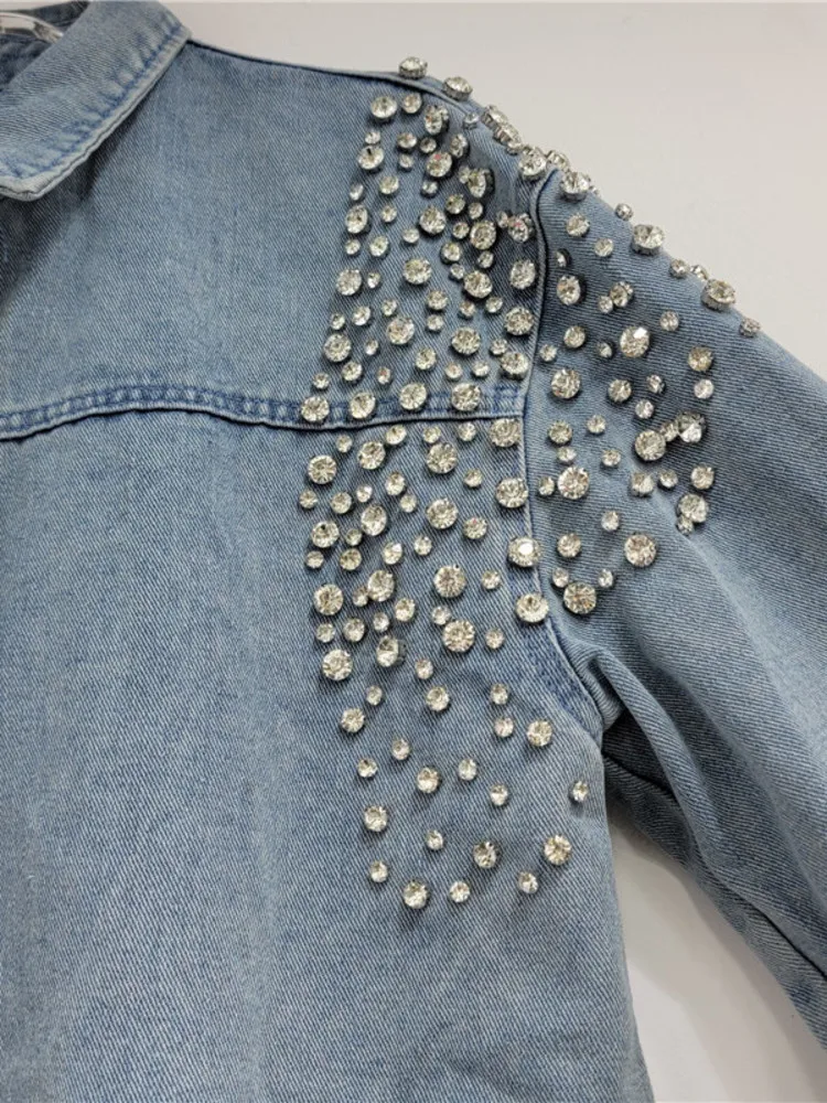 [EWQ] High Street Diamond Irregular Wash Denim Jacket Fashion All Match Loose Long Sleeve Coat Women 2024 Spring Autumn 16U7982