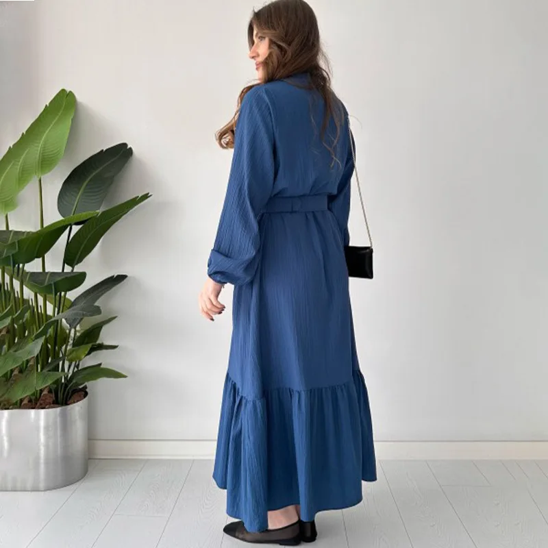 Fashion Solid Color POLO Neck Long Sleeved Dresses Casual Commuting Style Ruffles Skirts Elegant A-line Holiday Dress for Women