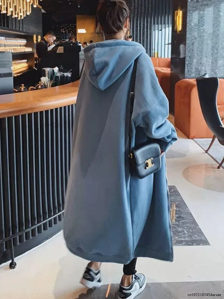 2023 Autumn Winter Women Long Trench Coat Office Lady Casual Zipper Outwear Long Sleeve Jackets Hooded Maxi Dress