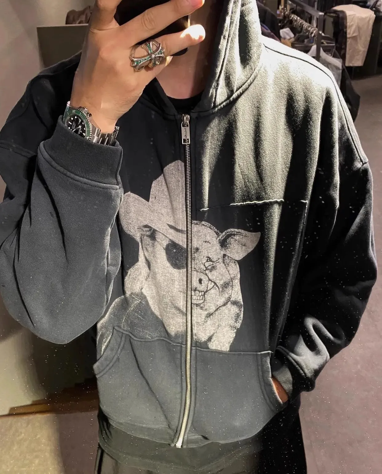 2024 ERD melancholic second-generation pig man spliced print washed zipper sweatshirt jacket hoodie WY982