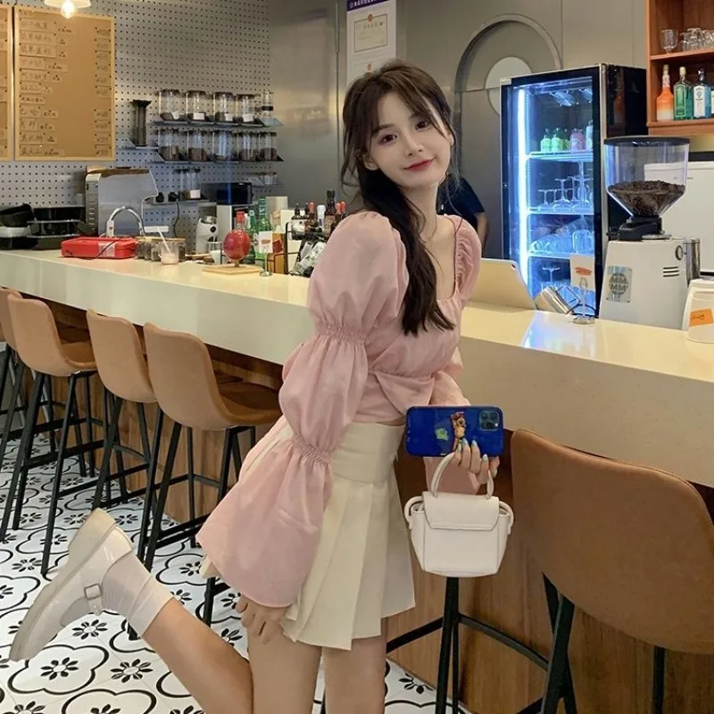 Sweet Puff Sleeve Blouse Women New Autumn French Square Collar Lace-up Long-sleeved Solid Color Slim Basics Daily Tops Female