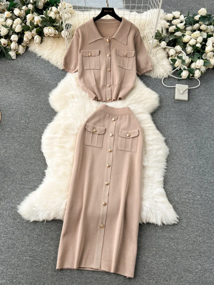 Women Vintage Two Piece Set Summer Short Sleeved Knitted Top High Waisted Midi Skirt Korean Casual Tracksuits Elegant Suits