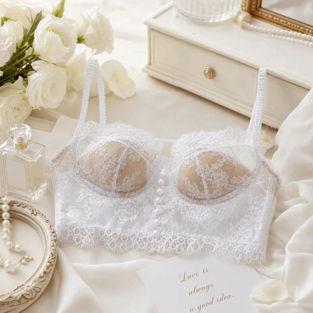 

New Flower Embroidery Lace Wireless Bra Anti-sagging Gathered Push Up Bra Mesh Flower Beauty Back Female Underwear Vintage Style