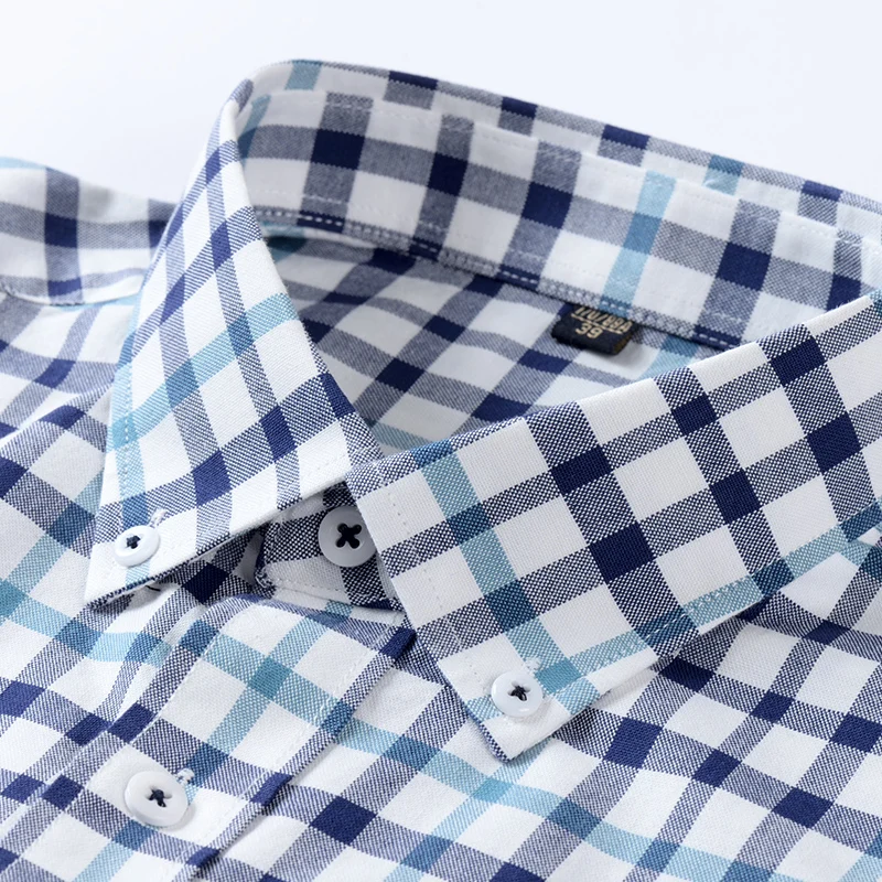 New Oversized S~5XL Pure Cotton Oxford Plaid Social Shirts For Mens Short Sleeve Dress Shirt Male Casual Soft Blouses Clothing