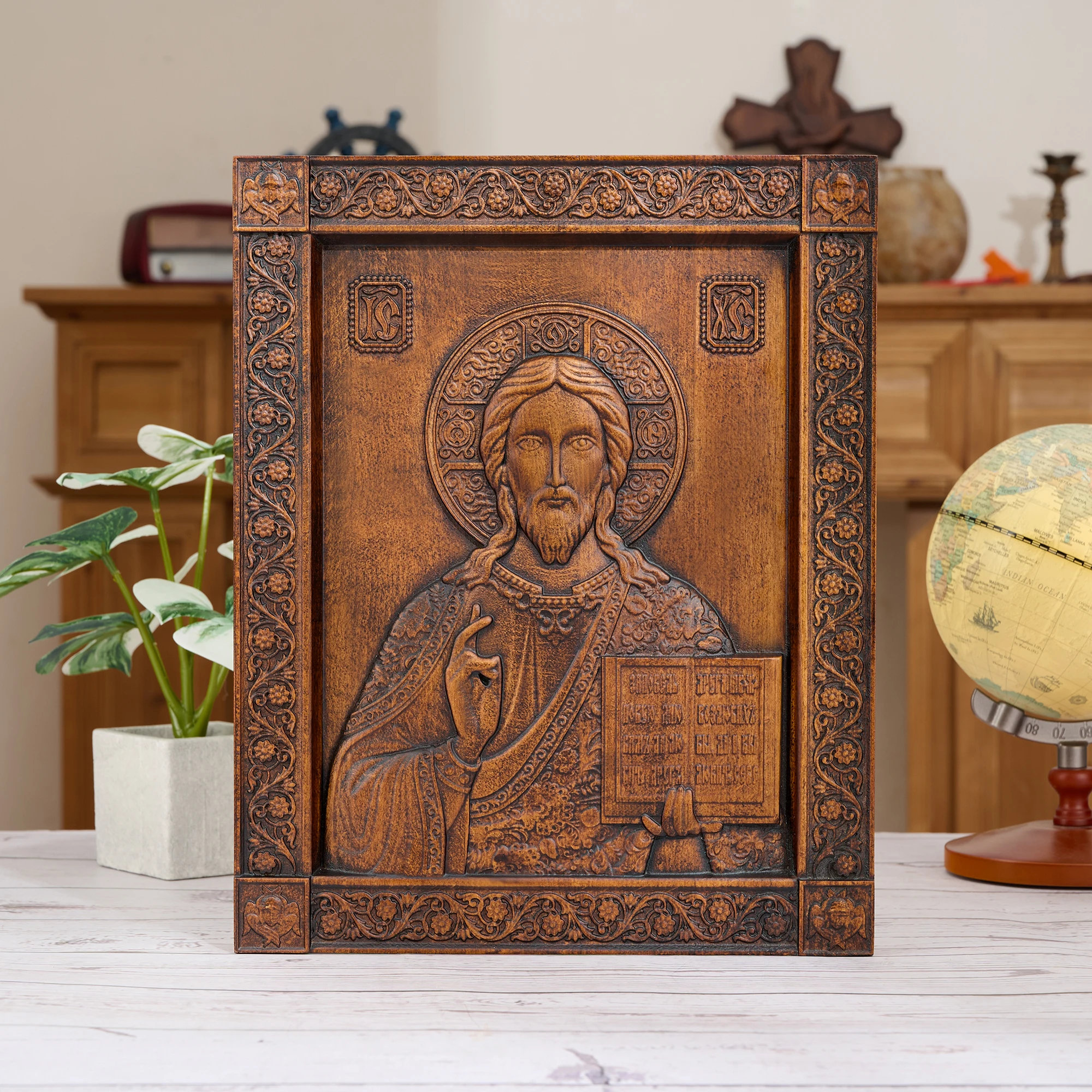 Hand‑Carved Orthodox Jesus Christ Icon Pantocrator Vintage Wood Relief Plaque Ornate Floral Border IC XC Inscription Religious W