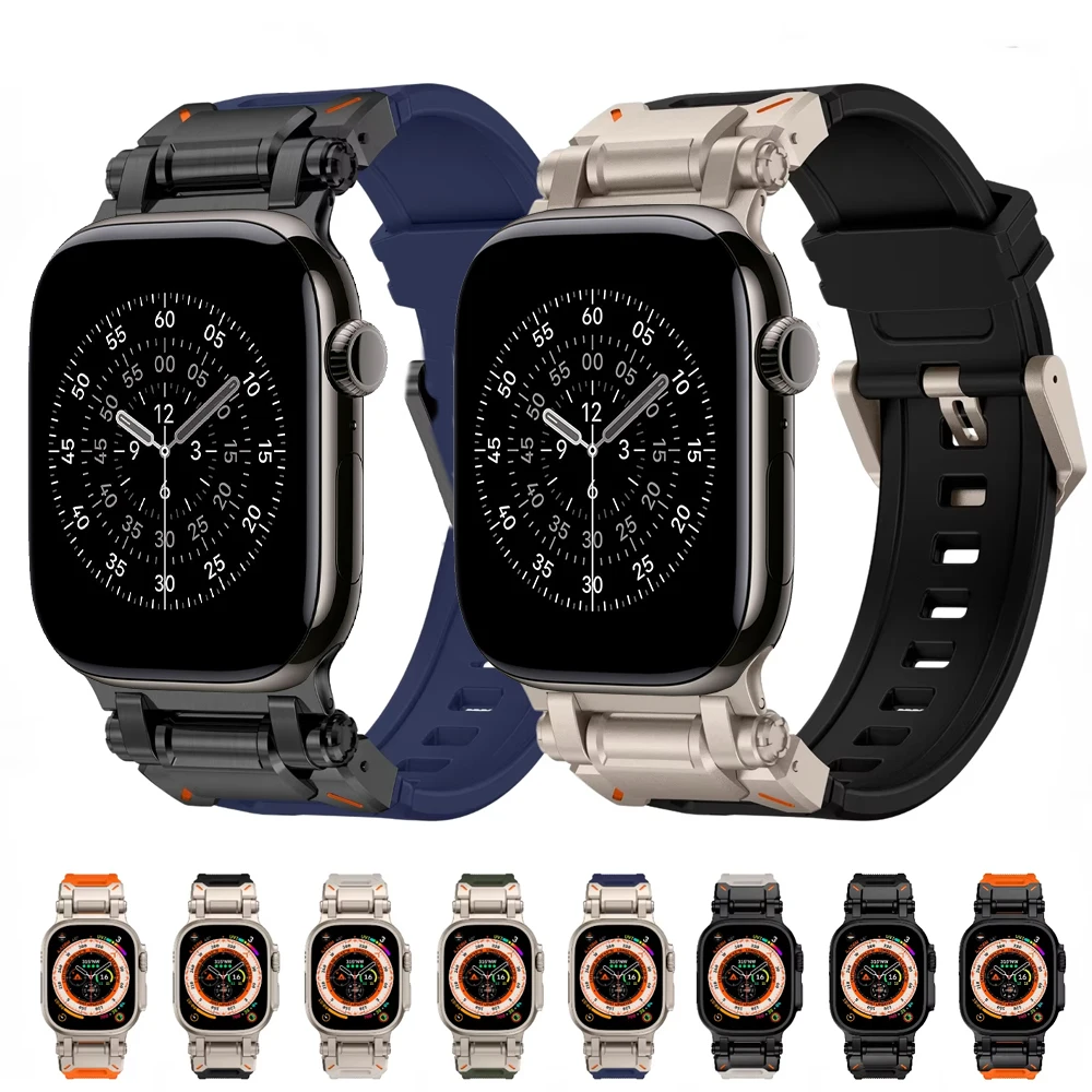 

Высококачественный металлический резиновый ремешок для Apple Watch Ultra 3 2 1 49 мм серии 11 10 46 мм 9 8 7 45 мм Iwatch 6 5 SE 44 мм улучшенный браслет