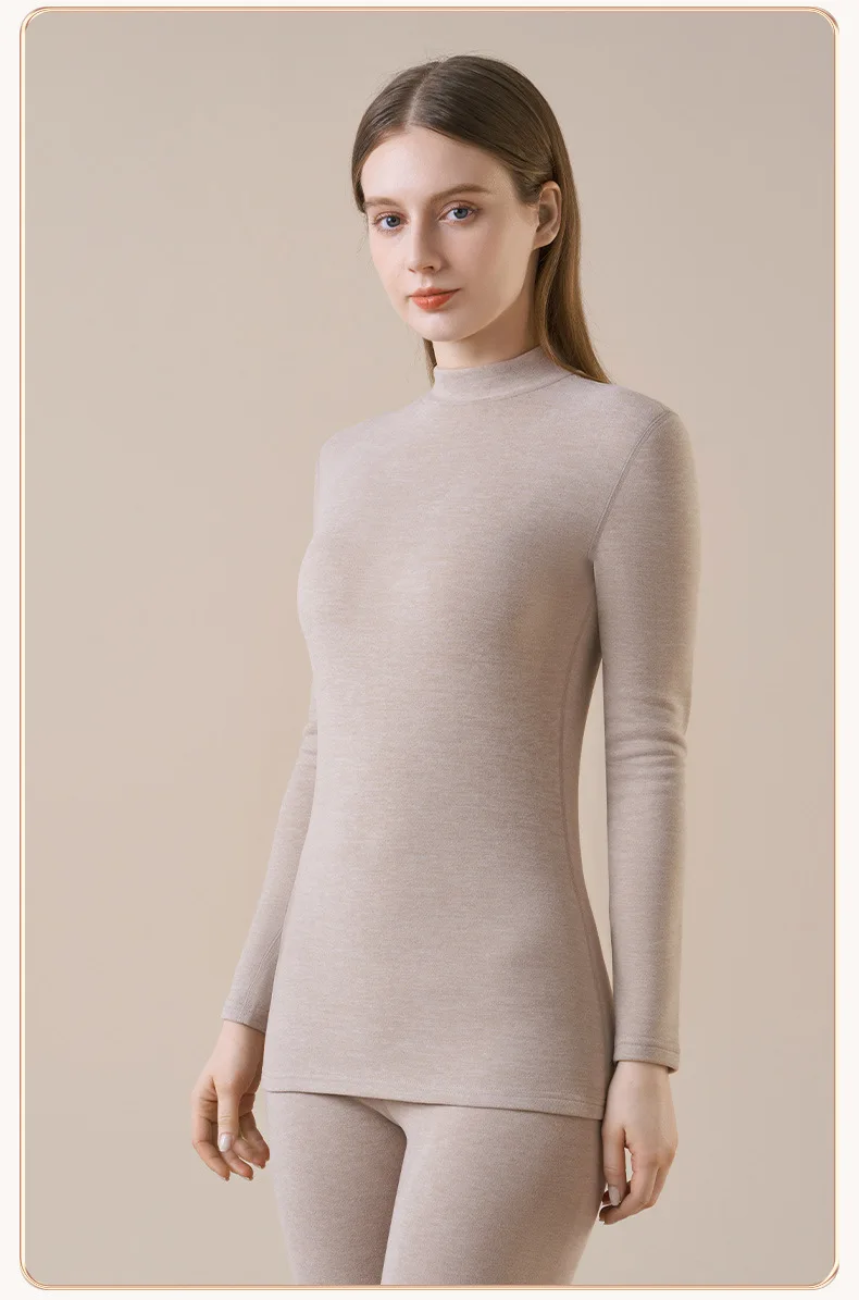 Damen-Thermo-Unterwäsche aus Kaschmirseide, Thermoshirts, warme Hosen, verdickte, einfarbige, halbrollkragenartige Oberteile, langärmlige Winterkleidung. – Detail 20